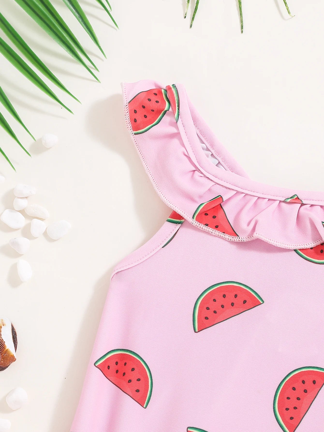 Baby girl watermelon swimsuit, cute one-piece from Baby Bubble, featuring colorful watermelon print and playful design.