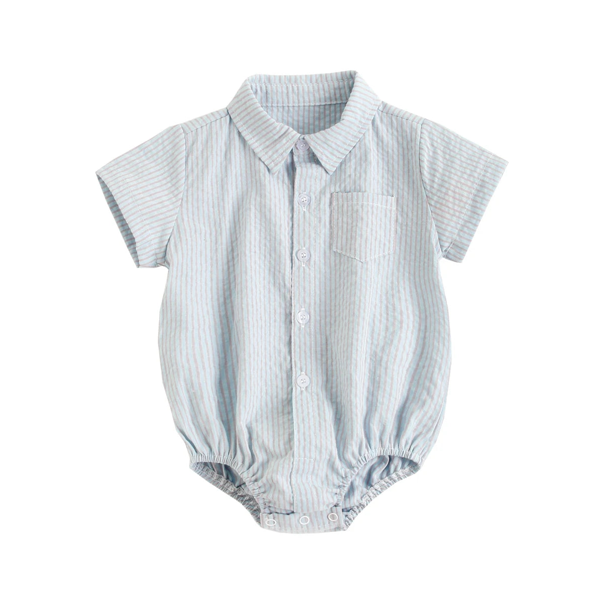 Baby boy plaid cotton bodysuit from Baby Bubble, soft summer onesie with blue and white plaid pattern, short sleeves.