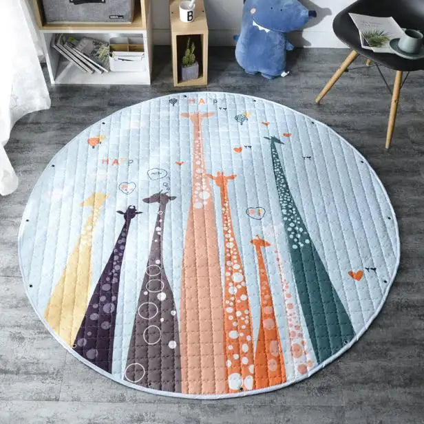 Round kids room carpet featuring Nordic animal design, 150cm play mat for children from Baby Bubble, colorful and soft indoor rug.