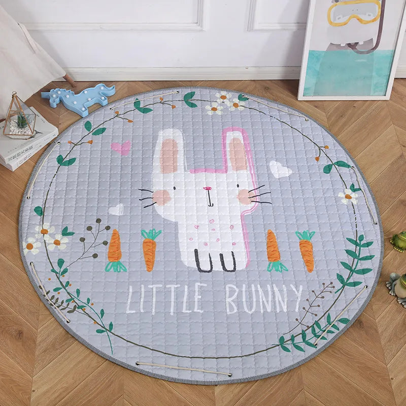 Round kids room carpet featuring Nordic animal design, 150cm diameter, soft plush play mat for children by Baby Bubble.