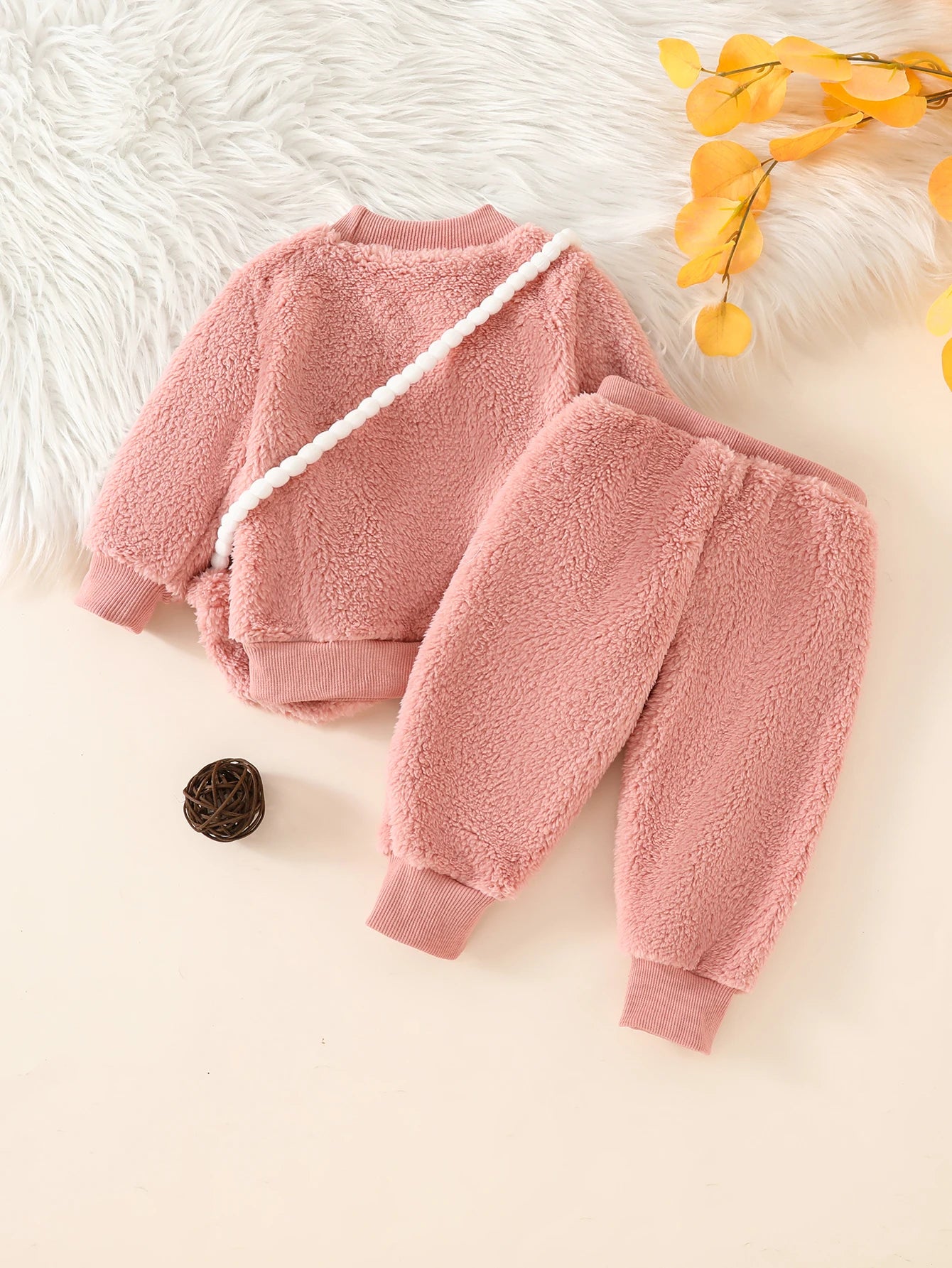 Cute Baby Bubble winter girl outfit with fuzzy embroidered heart long sleeve top and matching pants set for babies.