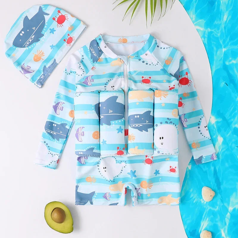 Kids buoyancy swimsuit featuring cartoon float design, made by Baby Bubble, for safe swimming and water play.
