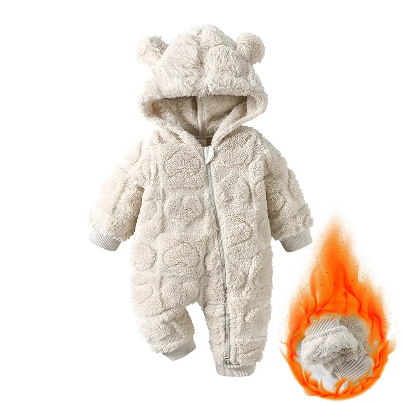 Baby Bubble velvet hooded romper with a warm cartoon print, soft and cozy for infants, featuring a cute hood and playful design.