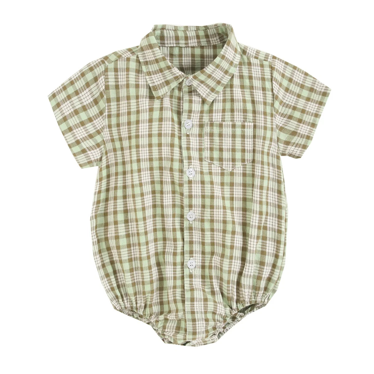 Baby boy plaid bodysuit made of soft summer cotton with a cute pattern, featuring short sleeves and snap closures.