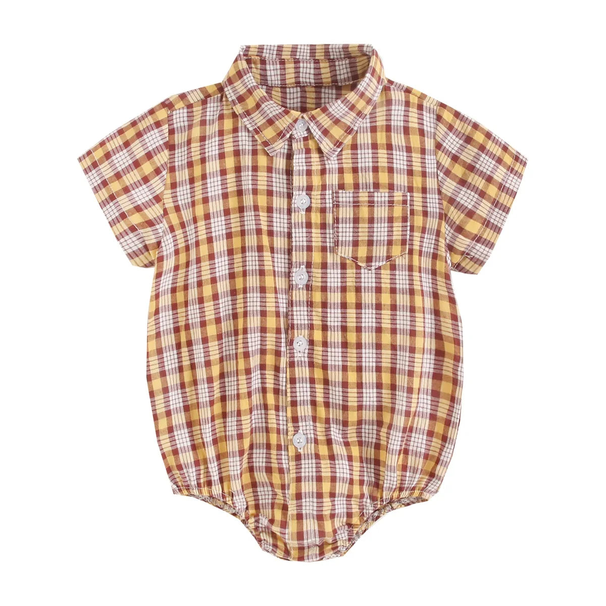 Baby Boy plaid bodysuit from Baby Bubble, soft summer cotton onesie with classic plaid pattern, perfect for warm weather.