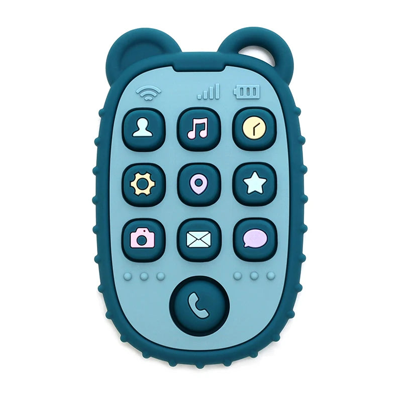 Baby Bubble baby phone shape teether made of colorful silicone, designed for soothing and chewing comfort for infants.