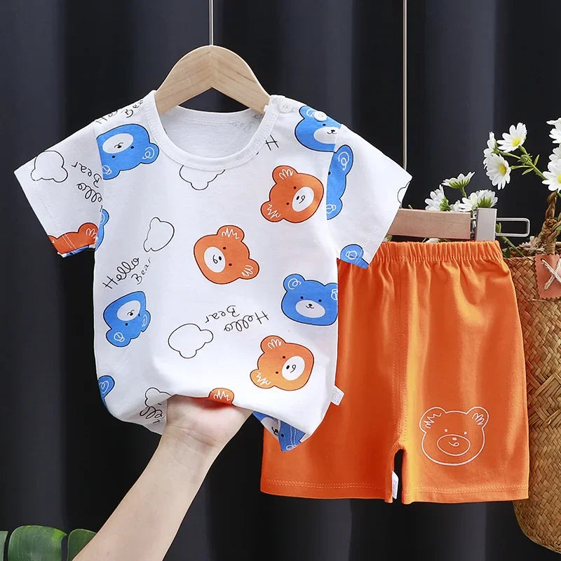 Cute toddler cartoon printed cotton home suit with contrast T-shirt and shorts, Baby Bubble casual 2-piece tracksuit.