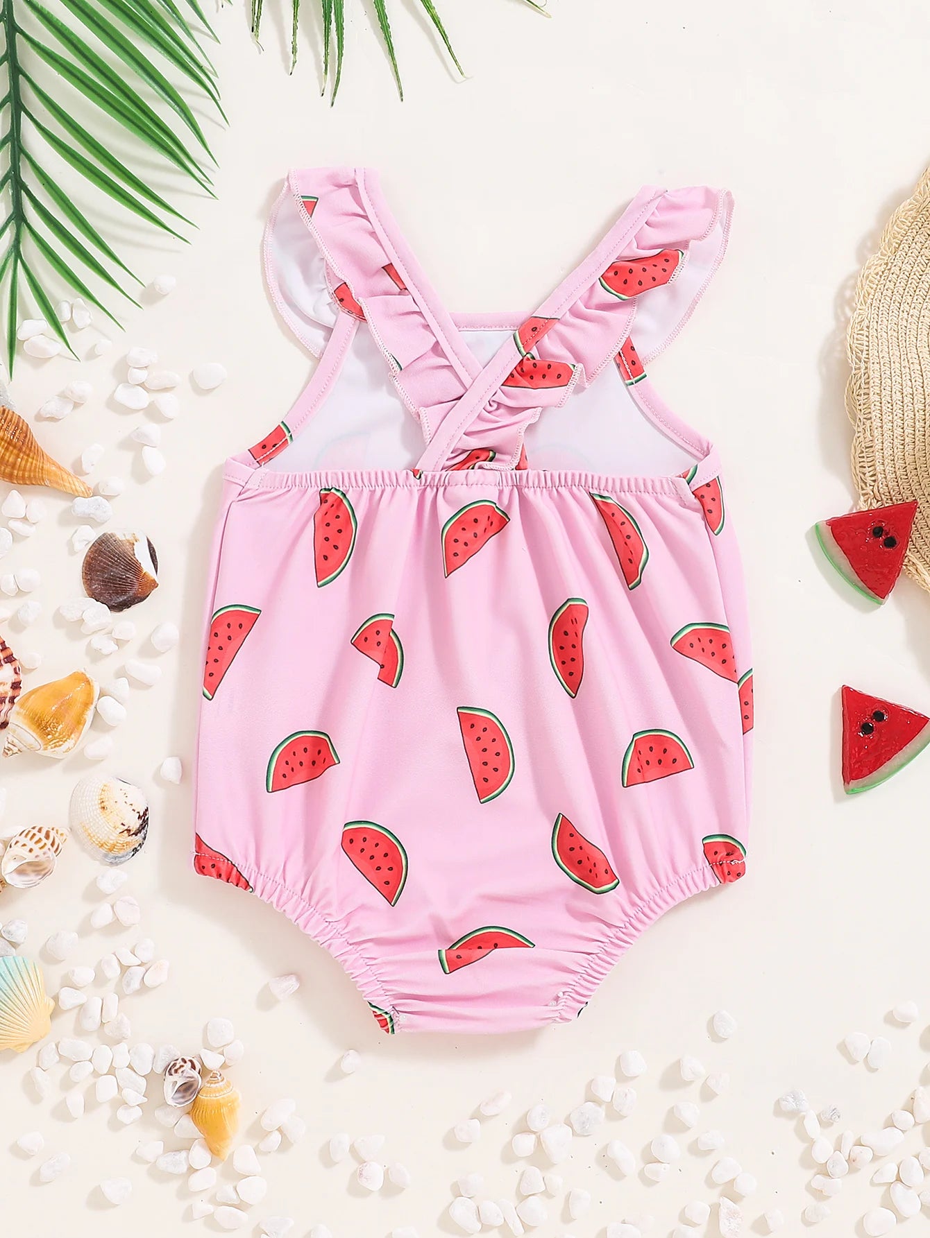 Baby Girl Watermelon Swimsuit by Baby Bubble, cute one-piece with watermelon print, perfect for summer beach or pool fun.