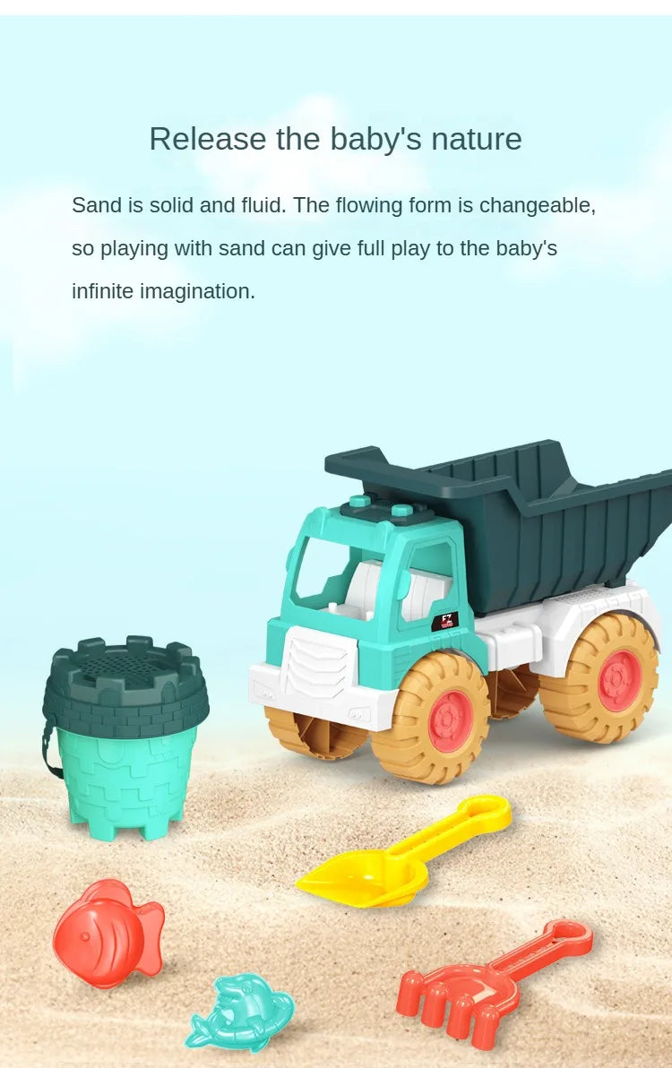 Kids beach sand play set with a colorful bucket, shovel, and rakes, designed for children to enjoy outdoor sand play.