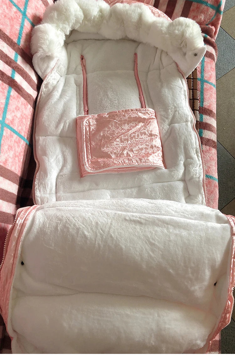Baby Bubble velvet stroller sleeping bag with anti-kick design, soft warm lining, perfect for keeping babies cozy during walks.