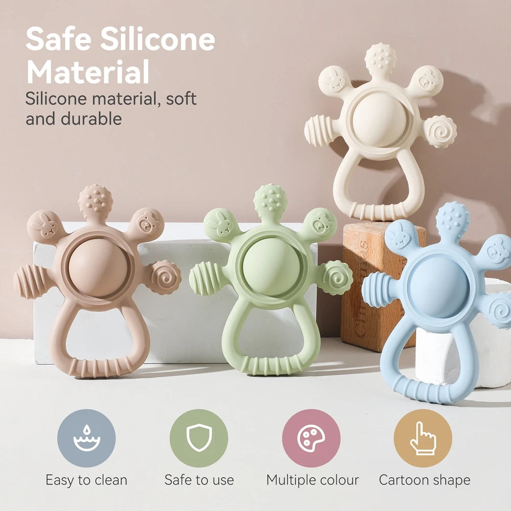 Baby Bubble silicone teether rattle with textured surface, BPA-free, soothing sensory toy for babies, designed for teething comfort.