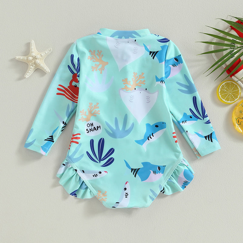 Girls long sleeve swimsuit with colorful sea animal print by Baby Bubble, featuring a cute marine life design.