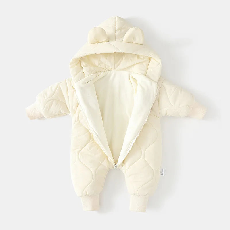 Baby Bubble winter romper featuring a cartoon bear design, cozy fleece jumpsuit for infants in warm winter fabric.