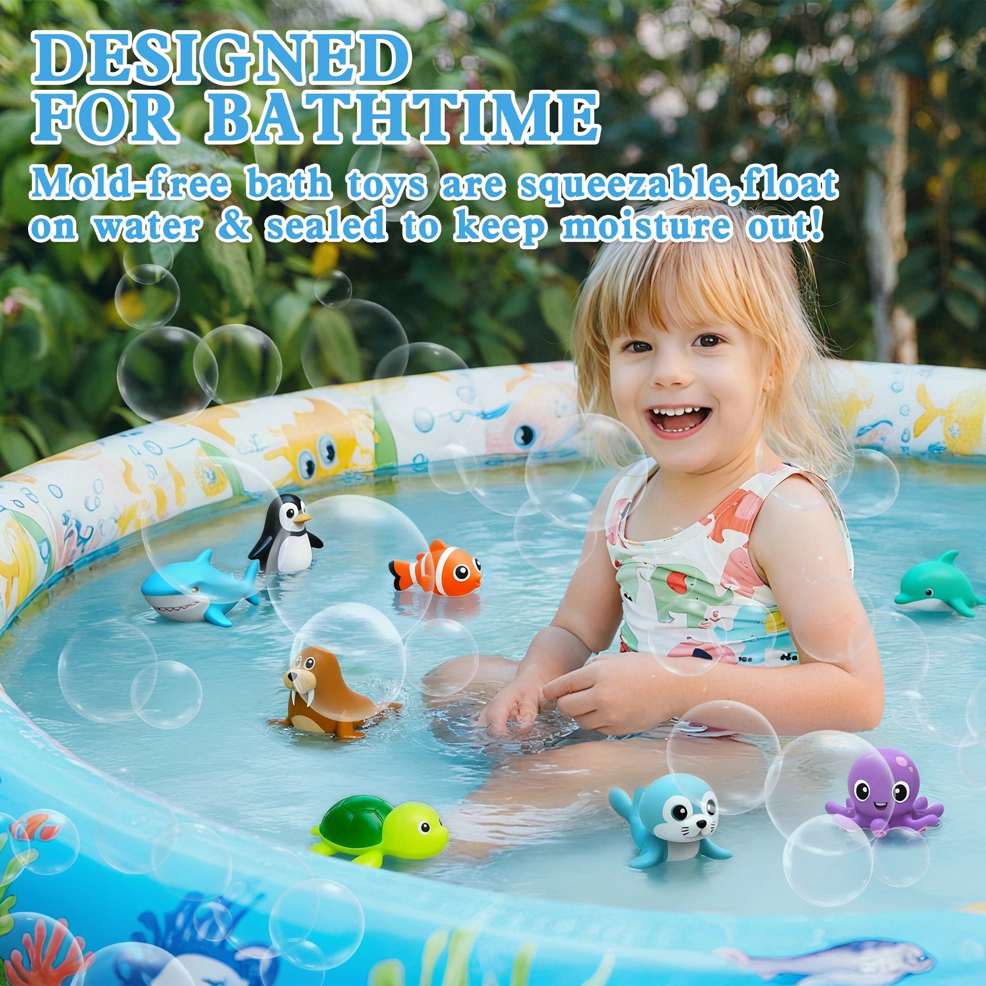 Baby Bubble sea animal bath toy set with 8 mould-resistant water toys, including colorful sea creatures for bath time fun.