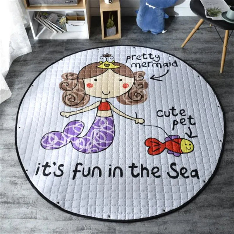 Round kids room carpet featuring Nordic animal design, 150cm play mat for children, by Baby Bubble.