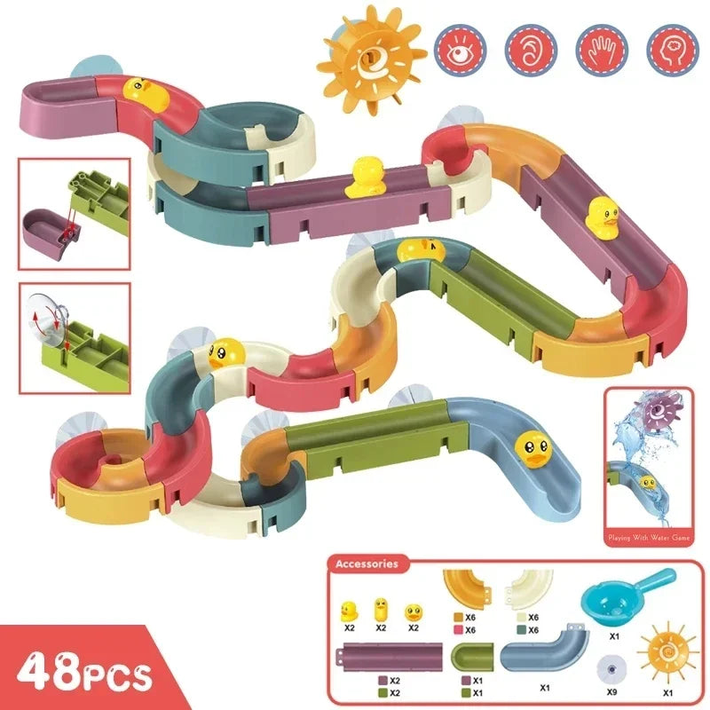 Baby Bubble DIY assembling track slide and duck water bath toys set with suction cups for children in the bathtub.