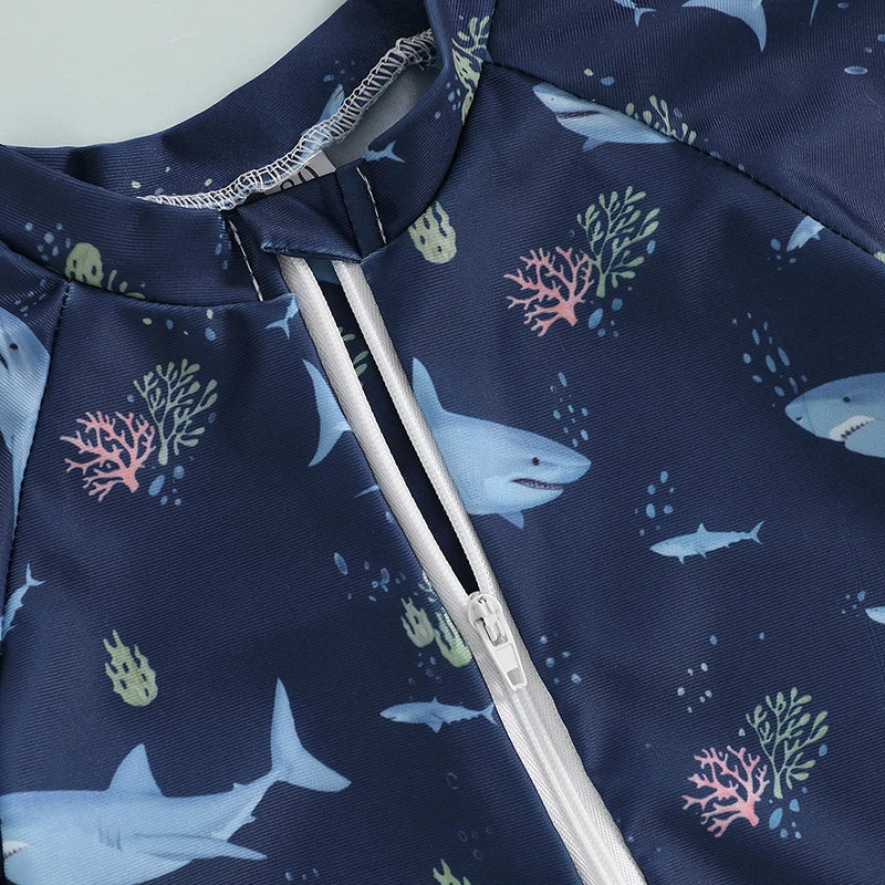 Baby Bubble shark print long sleeve zip-up rash guard for babies, featuring a colorful underwater shark design.