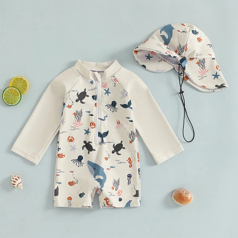 Baby boys rash guard set with marine animal print by Baby Bubble, featuring colorful aquatic-themed design and short sleeves.