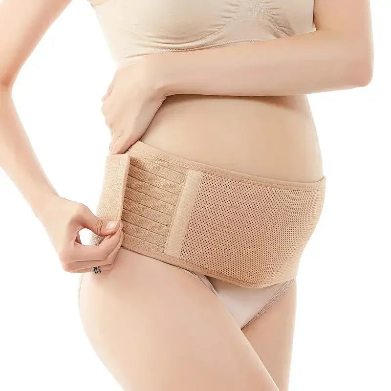 Pregnancy belly support belt by Baby Bubble, designed for all-day comfort, shown wrapped around a pregnant woman's belly.