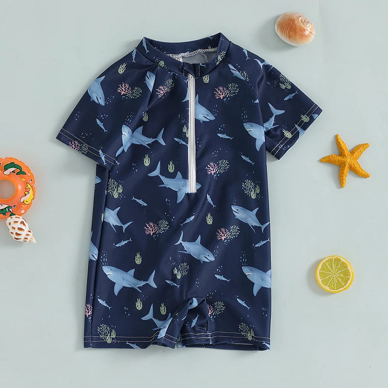 Baby Bubble shark print long sleeve baby rash guard with zip-up front, designed for sun protection and comfort for infants.