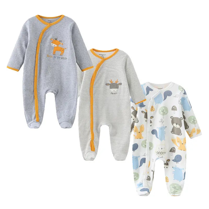 Three cozy autumn cotton baby rompers from Baby Bubble for newborns, featuring soft, comfortable fabric and playful designs.