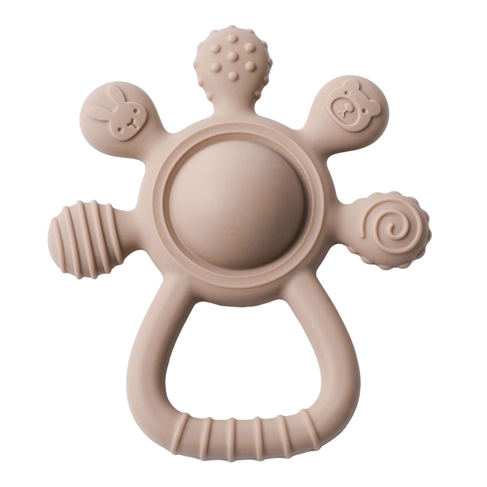 Baby Bubble BPA-free silicone teether rattle with textured surface, designed as a soothing sensory toy for infants.