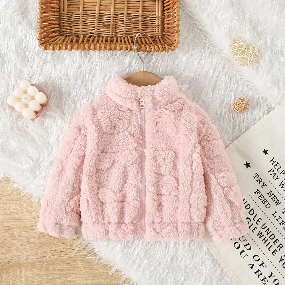 Baby girl winter coat by Baby Bubble, warm and cozy, pink with a hood and button details, perfect for cold weather.