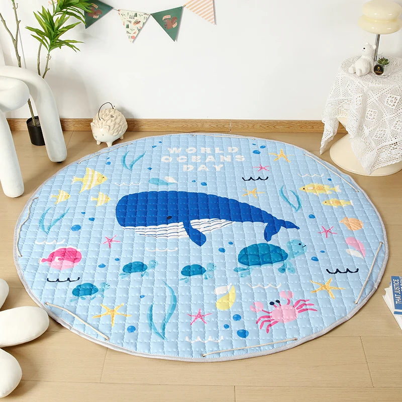 Round Baby Play Mat 150cm by Baby Bubble featuring colorful foldable cartoon design on soft, cushioned floor rug for infants.