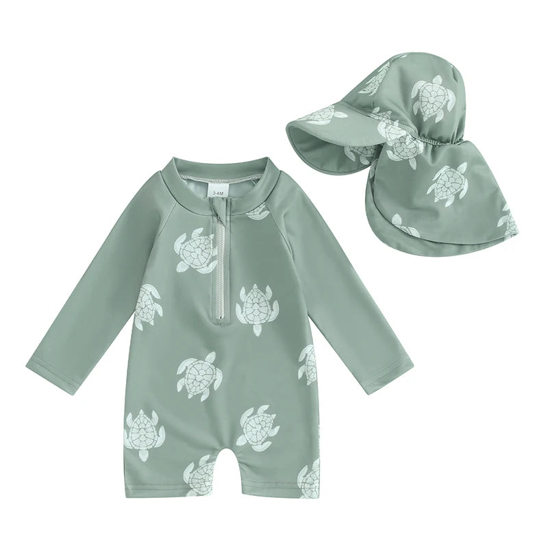 Baby boys rash guard set by Baby Bubble featuring turtle and dinosaur print, lightweight swimwear for sun protection.
