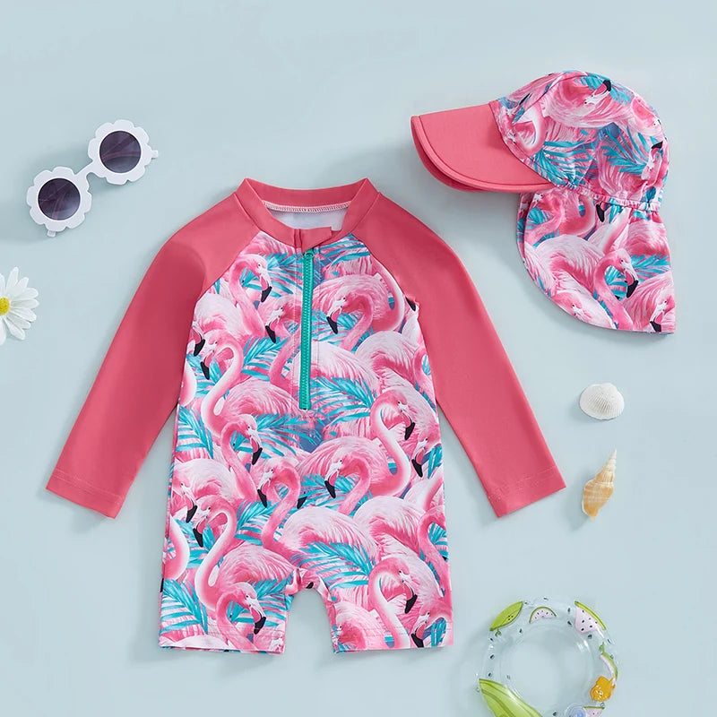 Baby girls rash guard set by Baby Bubble with floral and flamingo print, featuring a long-sleeve swim shirt and matching bottoms.
