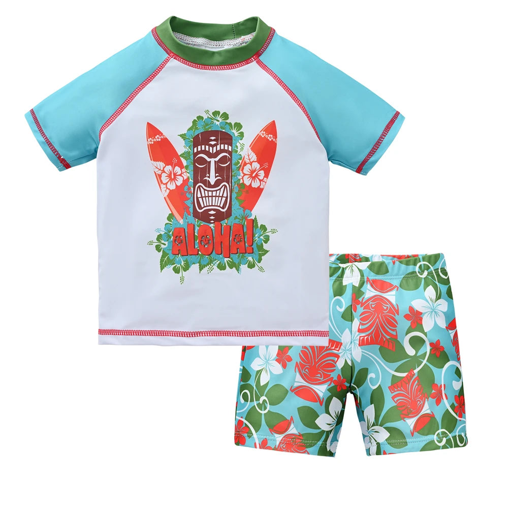 Boy wearing a Baby Bubble boys 2-piece swimsuit set with a colorful cool print, suitable for ages 1 to 7 years.