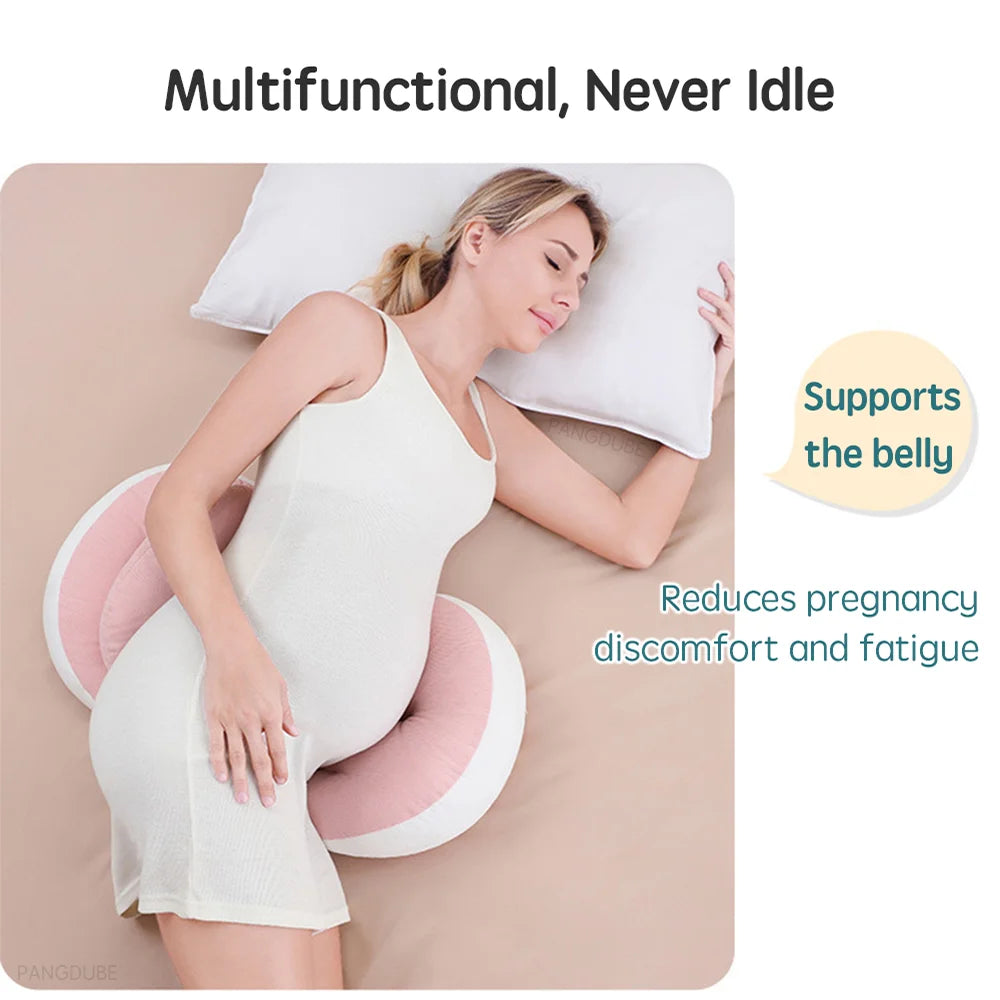Pregnancy body pillow by Baby Bubble providing sleep support, shown in a cozy bedroom setting for comfortable pregnancy rest