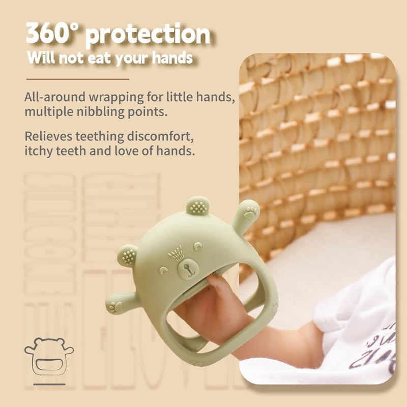 Baby Bubble BPA-free silicone baby teether glove with textured surface for gum relief, designed for soothing infants during teething.
