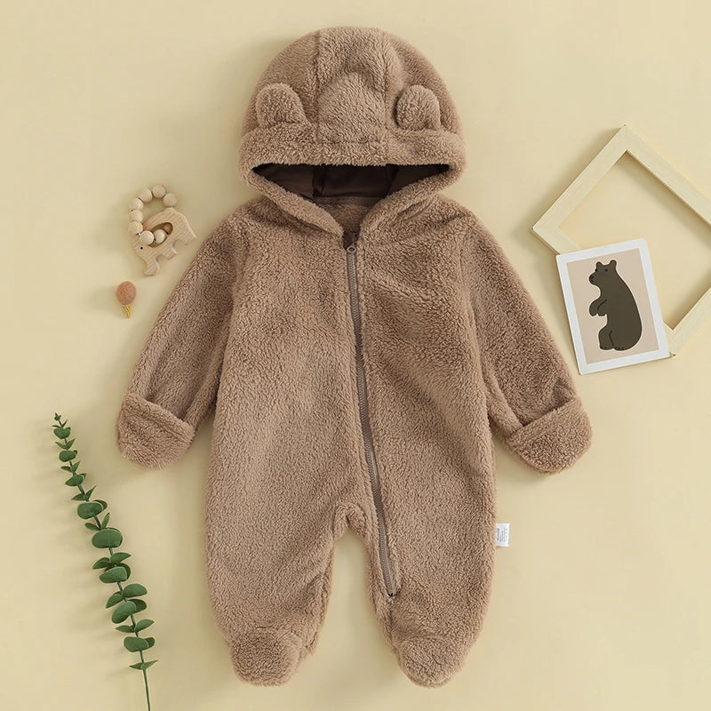 Baby Bubble baby hooded plush romper in soft, warm fleece with hood and front zipper for cozy winter wear.