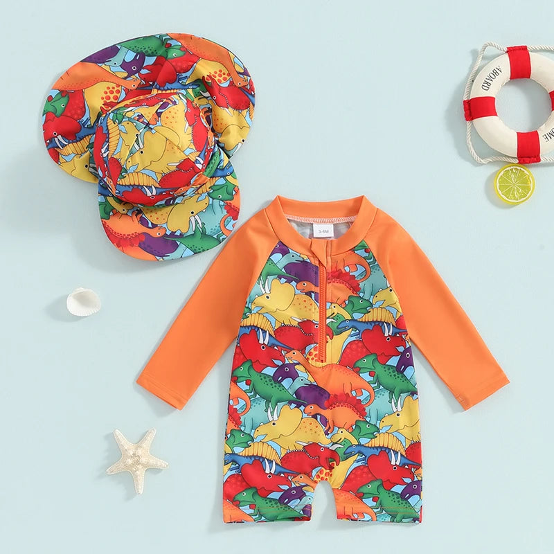 Baby boys rash guard set with turtle and dinosaur print by Baby Bubble, featuring colorful and comfortable swimwear for kids.