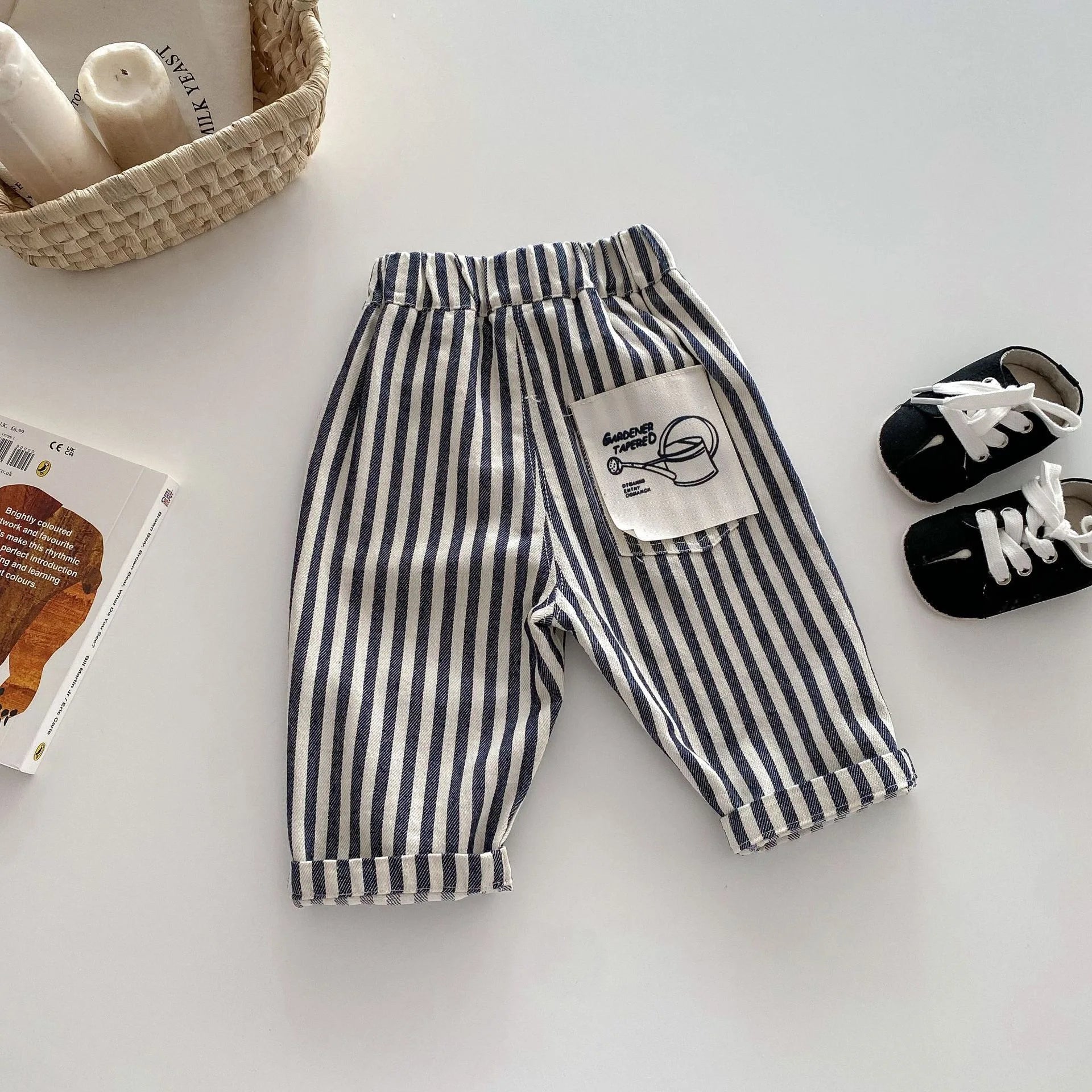 Baby Bubble children's casual denim pants for boys aged 0-5 years, featuring soft Korean denim and stylish striped design.