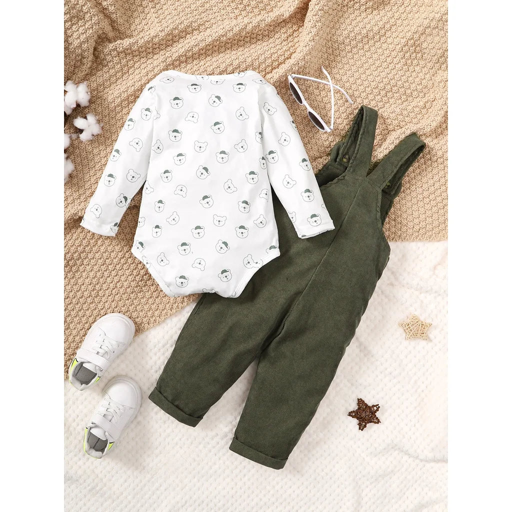 Baby Bubble bear print 2-piece bodysuit and overalls set for cozy fall comfort, featuring soft fabric and adorable bear design.