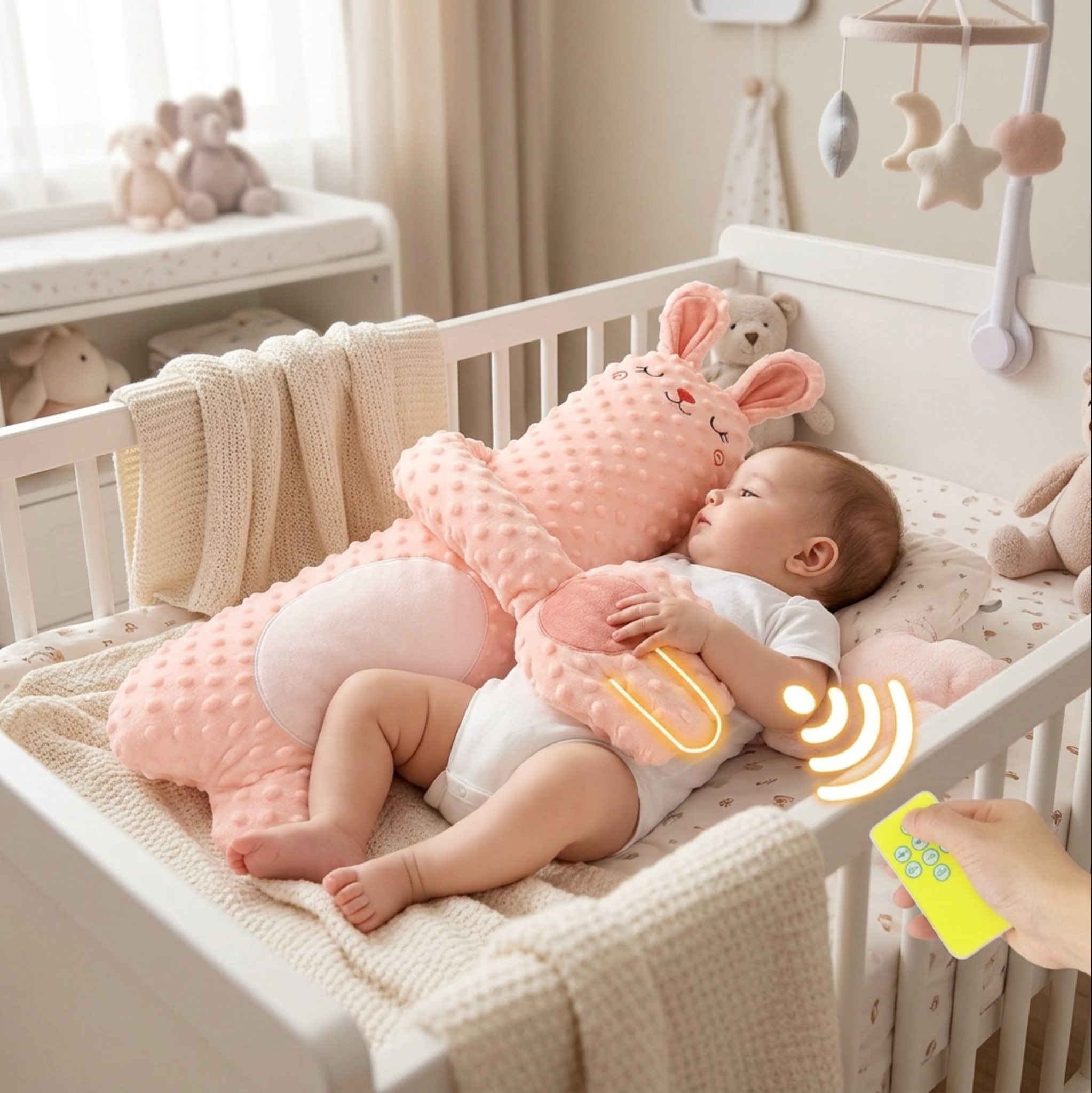 Baby Bubble BED baby sleep patting pillow with remote control, soft fabric, and adjustable settings for soothing sleep.