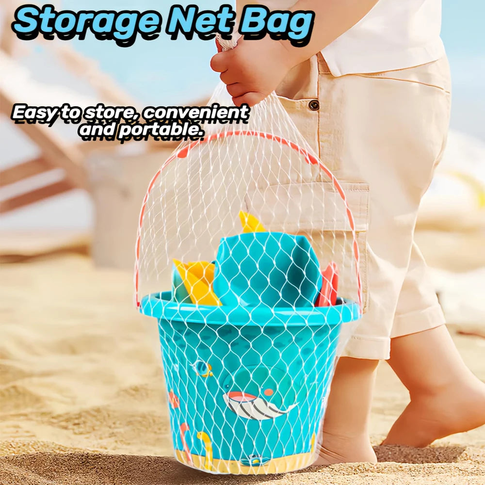Baby Bubble 18-piece baby beach sand toy set with colorful buckets, shovels, and molds for outdoor summer fun.