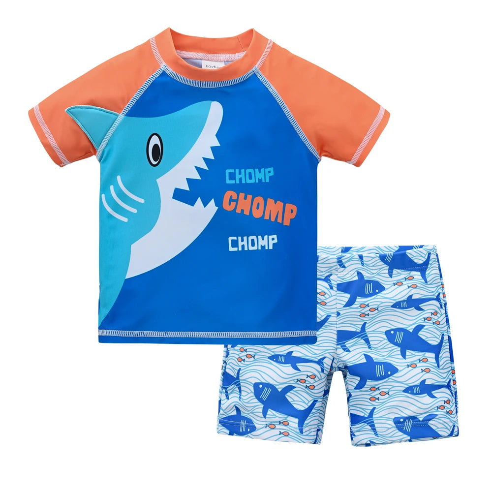 Boys 2-piece swimsuit set with cool print for ages 1-7, featuring colorful swim trunks and tank top by Baby Bubble.