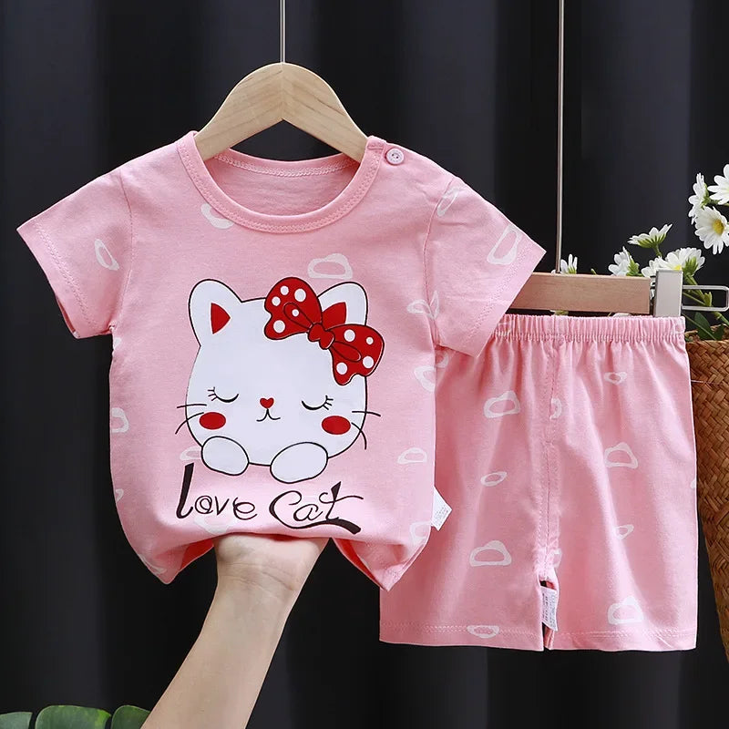 Baby Bubble toddler cartoon printed cotton home clothes set with contrast T-shirt and shorts, featuring cute casual tracksuits.