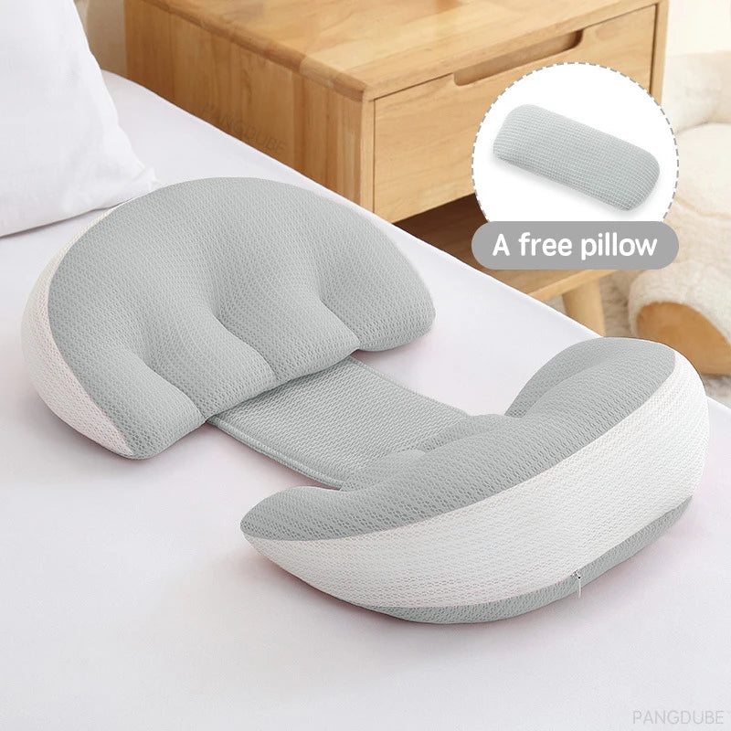 Pregnancy body pillow by Baby Bubble designed for sleep support, showing a soft, contoured body pillow in neutral fabric.