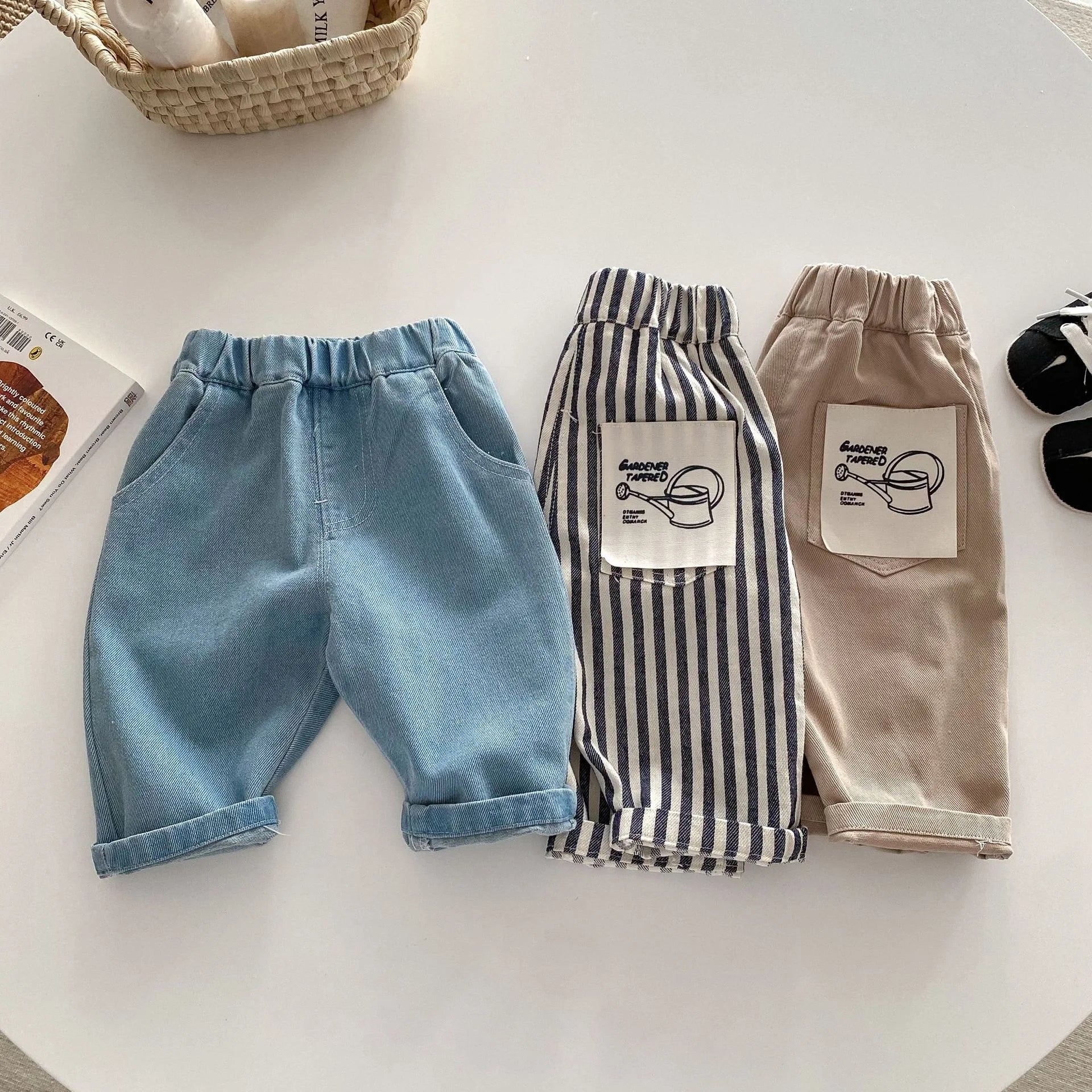 Baby Bubble children's casual denim striped pants for boys, soft Korean-style pants for ages 0-5 years old.