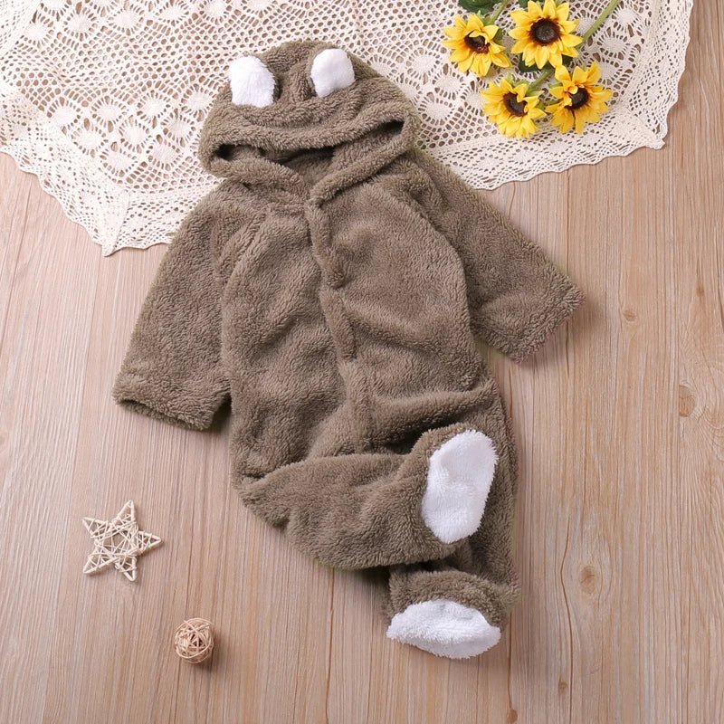 Baby Bubble cartoon bear romper, cozy autumn playsuit for infants, featuring adorable bear design and soft fabric.