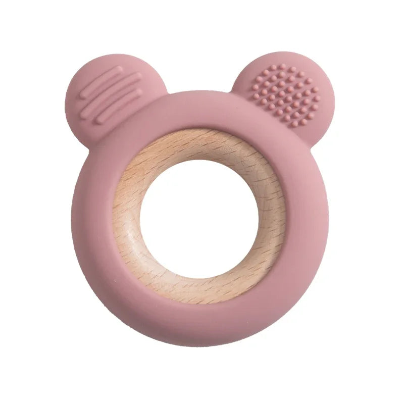 Baby Bubble silicone and wood teether ring, safe soothing chew toy for infants, with colorful silicone beads and natural wood elements.