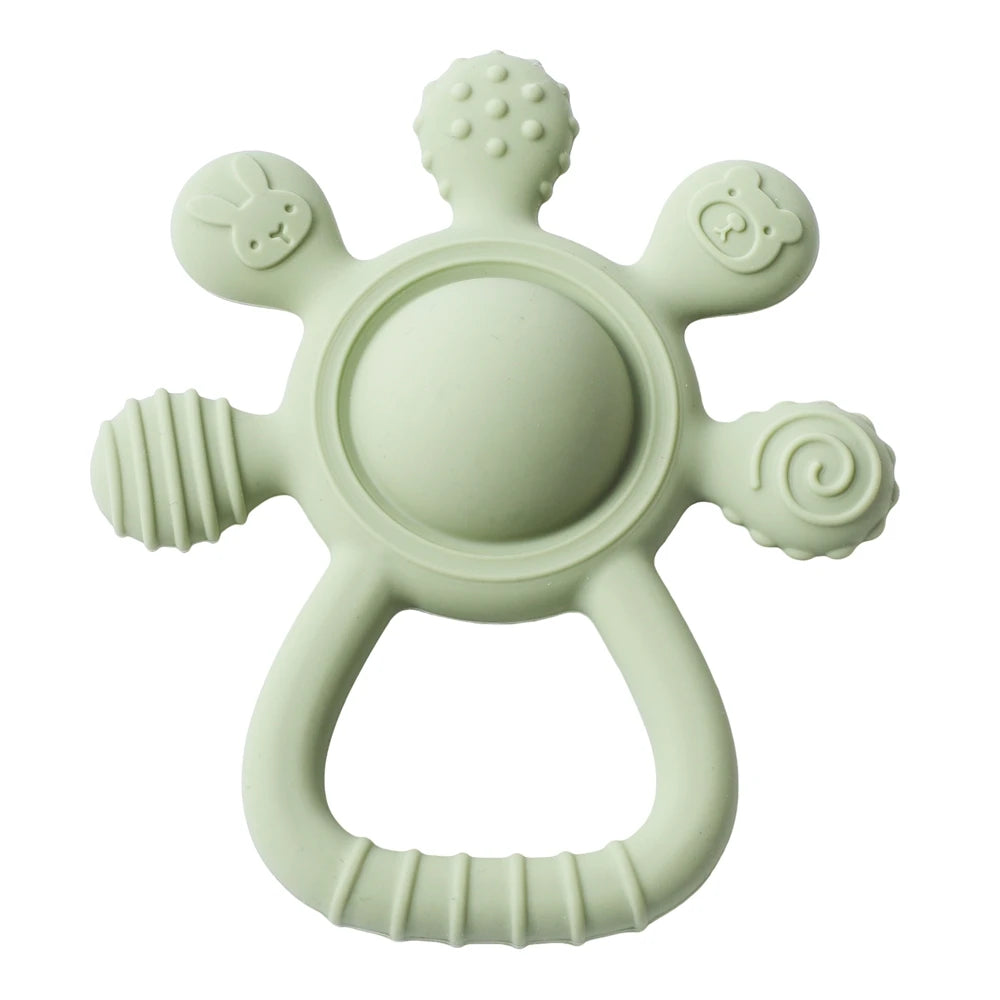 Baby Bubble BPA-free silicone teether rattle with colorful sensory beads and soft textured surface for soothing baby’s gums.