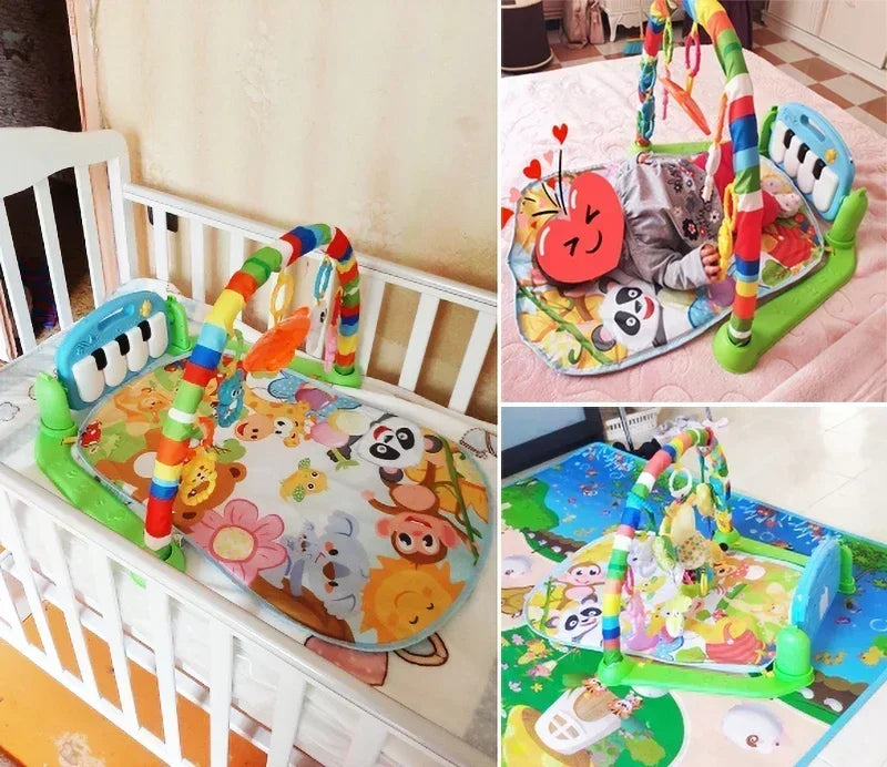 Baby Bubble Baby Piano Gym Play Mat with colorful musical toys for crawling and kicking activity on soft foam surface.