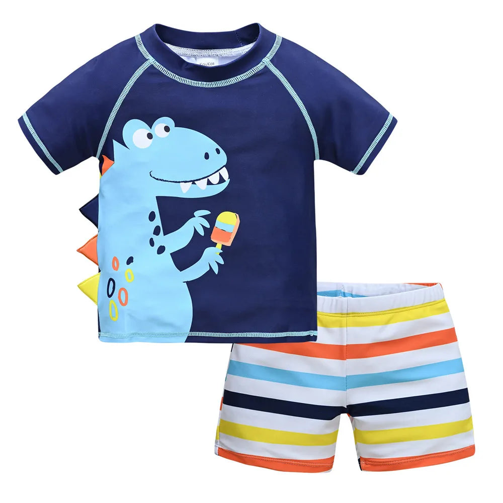 Boys' 2-piece swimsuit set with cool print for ages 1 to 7, featuring bright colors and fun design, by Baby Bubble.