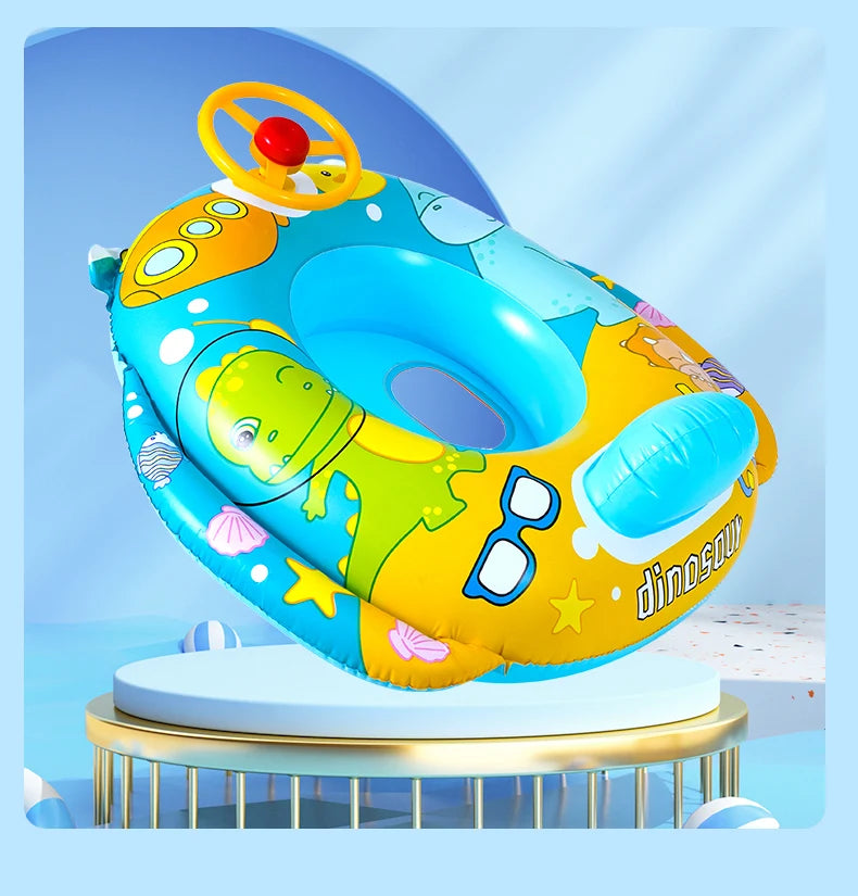 Baby Bubble inflatable swimming ring with cute animal steering wheel for babies, featuring bright colors and fun animal designs.