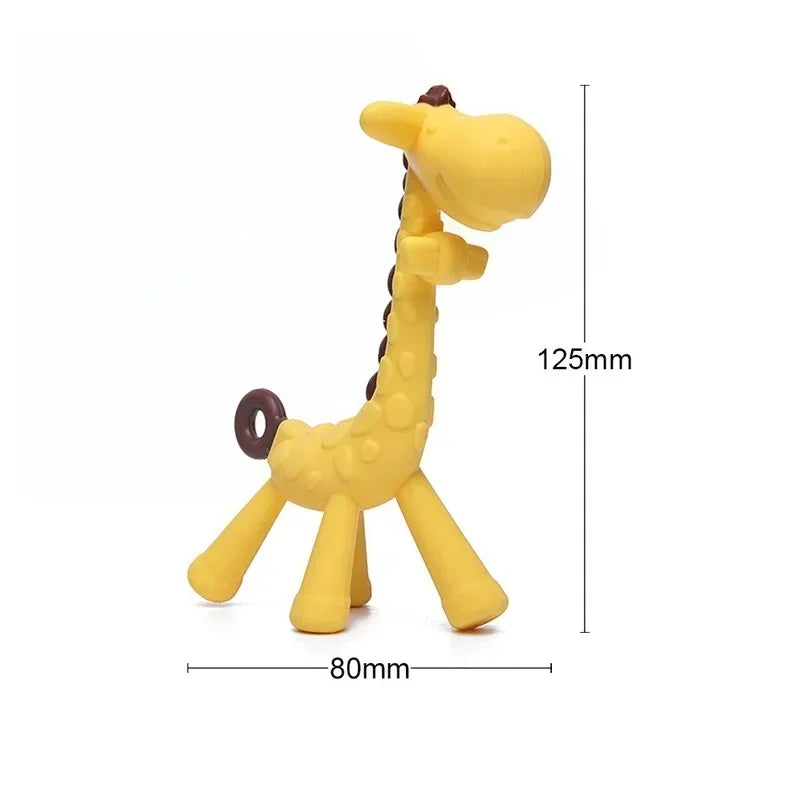 Baby Bubble silicone giraffe teether soothing sore gums, featuring a textured surface and bright yellow color for easy grip.